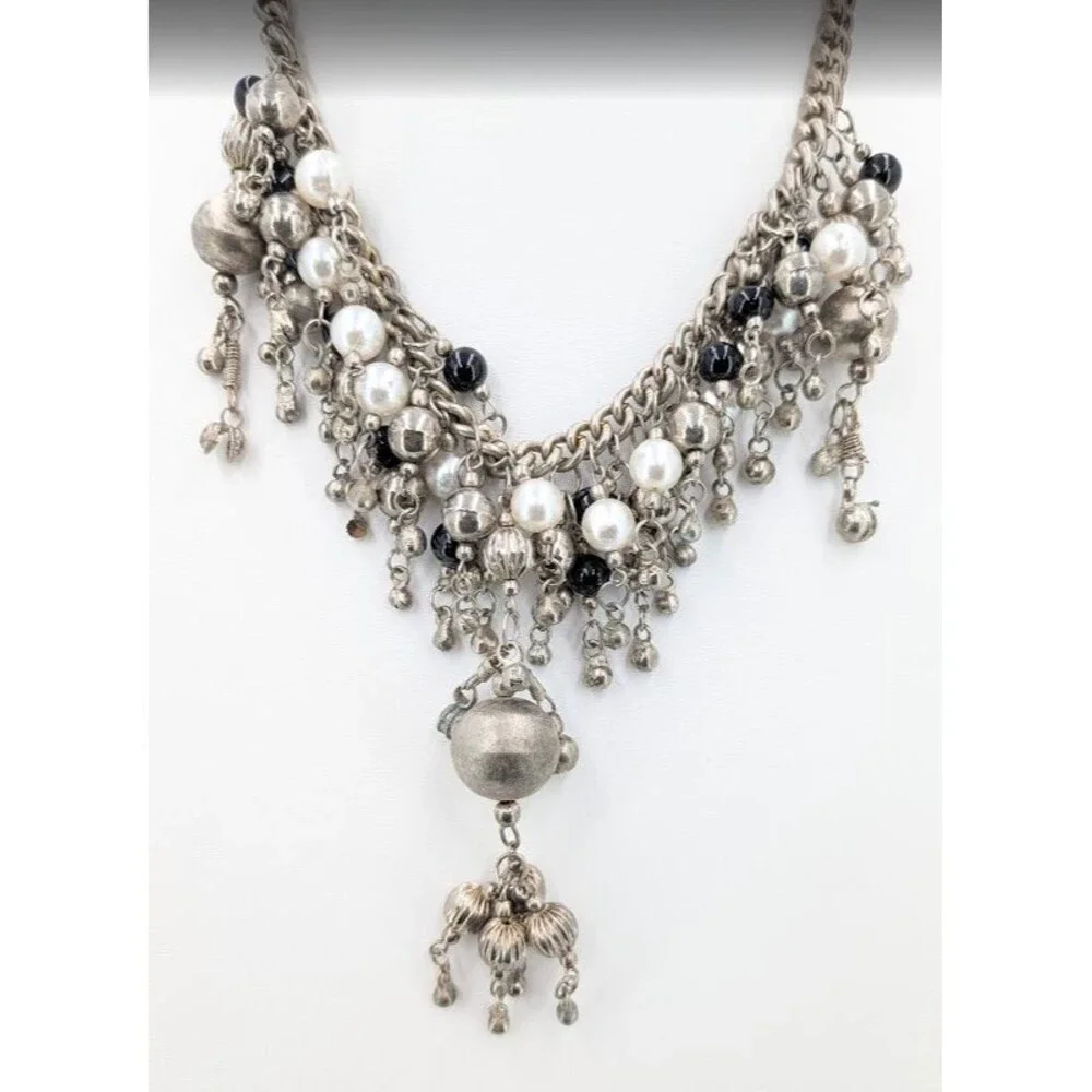 Statement Bib Necklace Silver Tone Faux Pearl Black Bead Cha Cha Charm 19 Inch